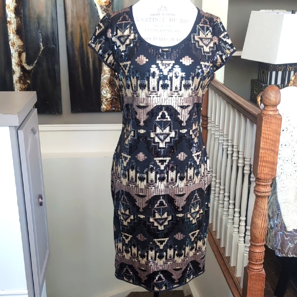 Joseph Ribkoff Elegant Patterned Sequin Dress P2P 20 Length 38.5